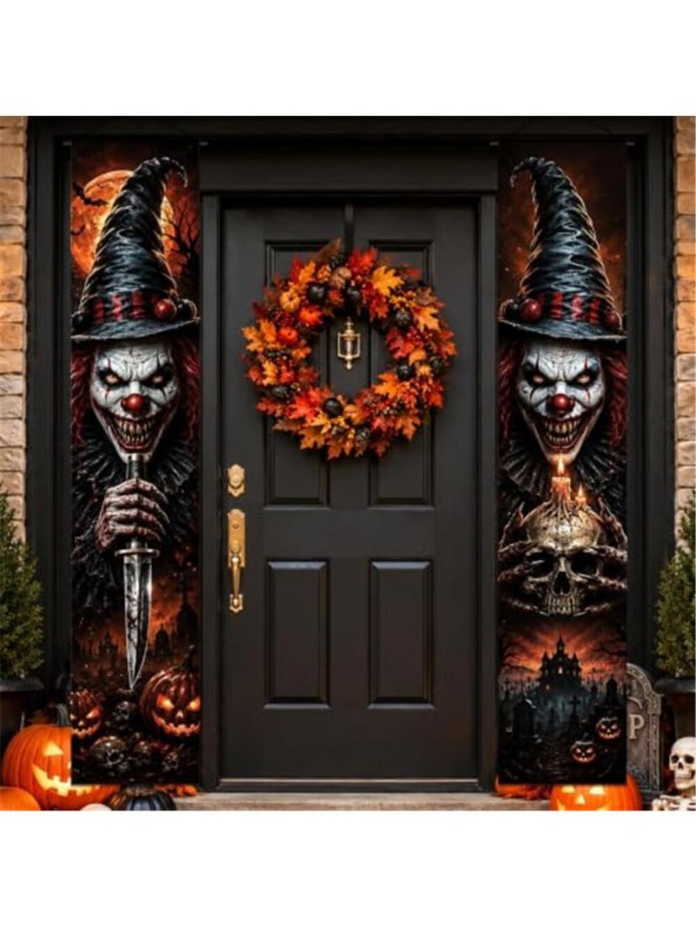 2PCS Halloween Porch Banner Decorations Scary Evil Clown Front Door Signs for